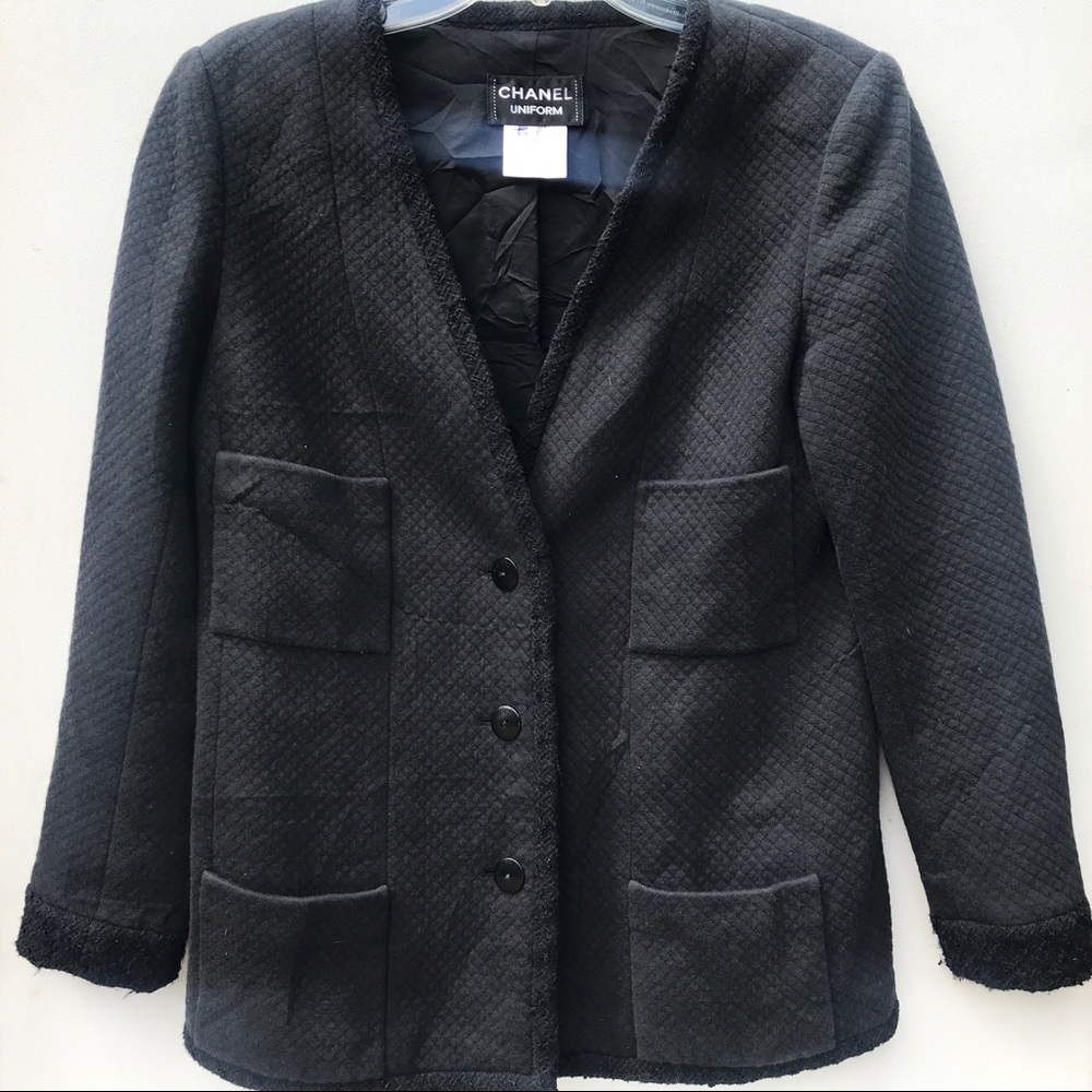 Chanel black  uniform tweed jacket 42 6 8 blazer